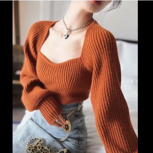 Women Sweater with Sweetheart Neckline in Caramel